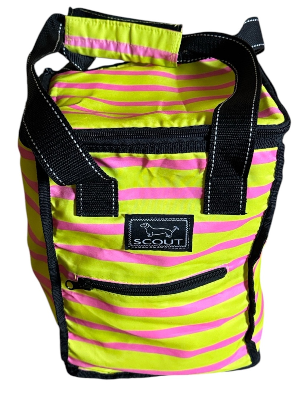 Scout neon yellow and pink stripe Pleasure Chest soft cooler bag